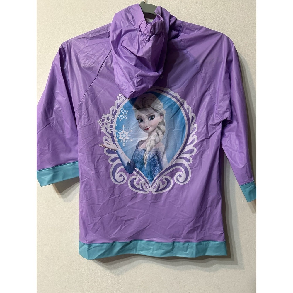 Disney Frozen Elsa Girls Purple Vinyl Raincoat Hooded Rain Slicker Jacket Size M